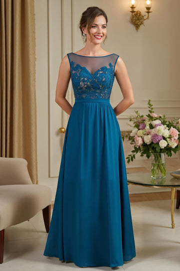 Paon Bleu Trapèze Illusion Neck Longue Mère de la Mariée Robe avec Appliques de Dentelle